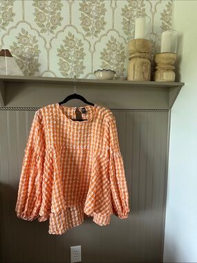 Gingham Puff-Sleeve Peasant Top - Orange